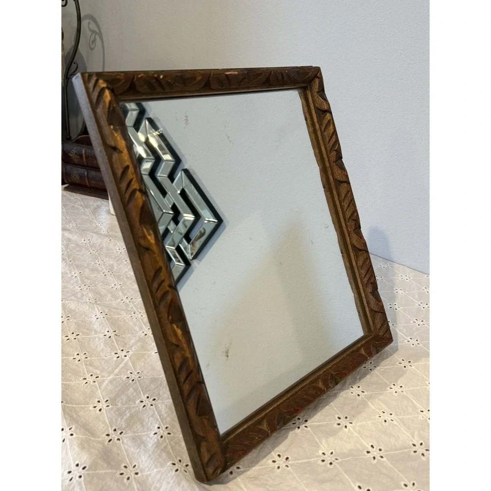 Vintage Hand Carved Wood Framed Mirror Tabletop or Wall Rustic Folk Art Decor